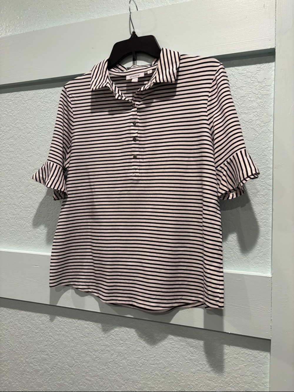 Chico's Pink and Black Striped Button-Down Ruffle Sleeve Top